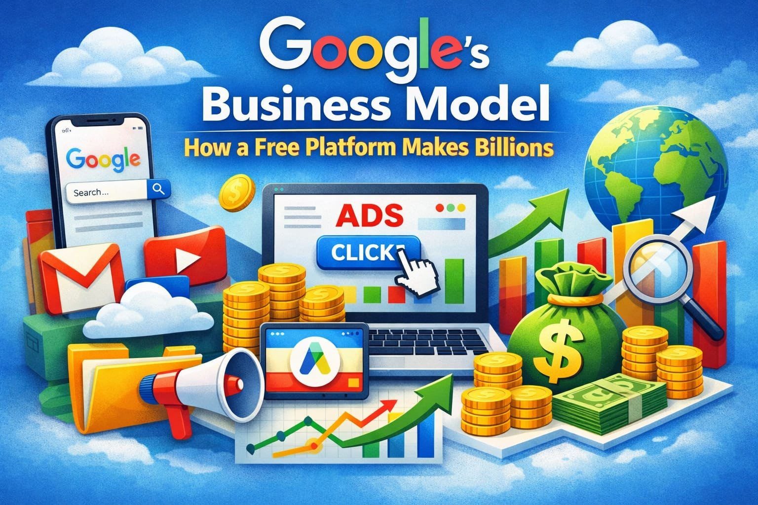 Google business model illustration showing ads, data, and revenue system