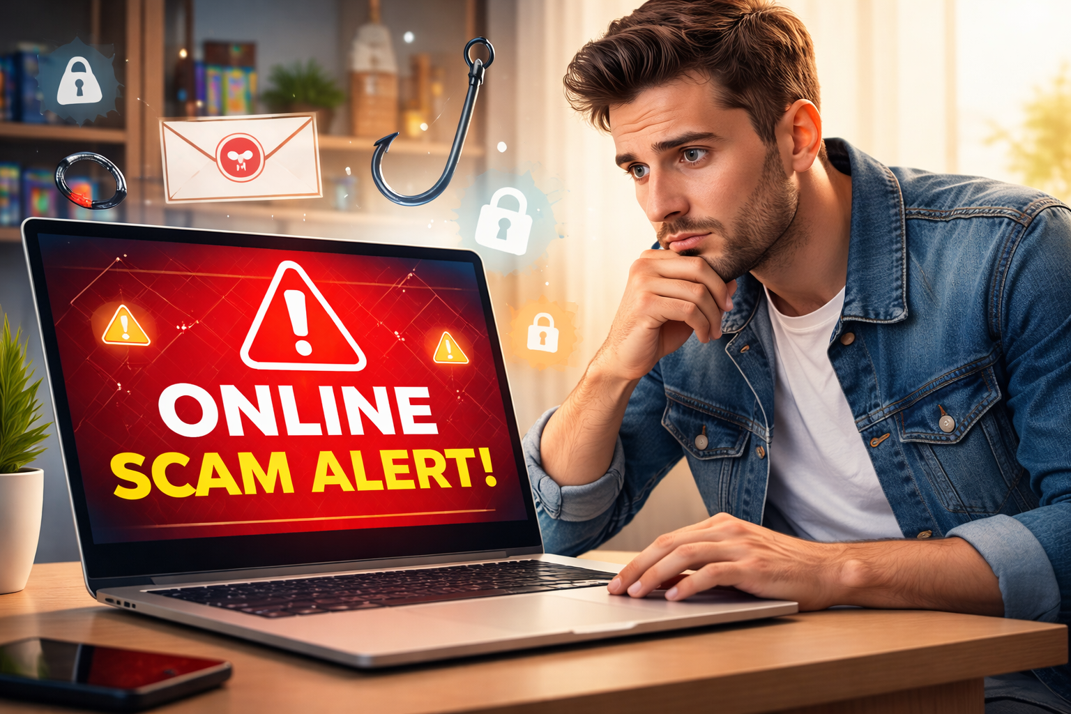 Illustration showing a person protecting personal data from online scams, phishing emails, and cyber fraud