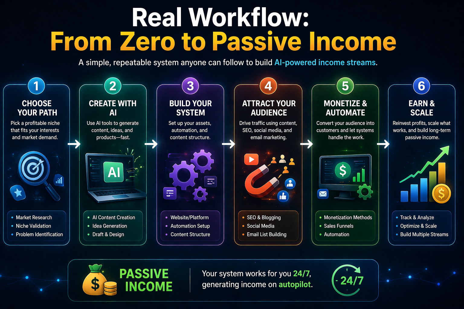 Real workflow from zero to passive income using AI automation content creation and monetization system