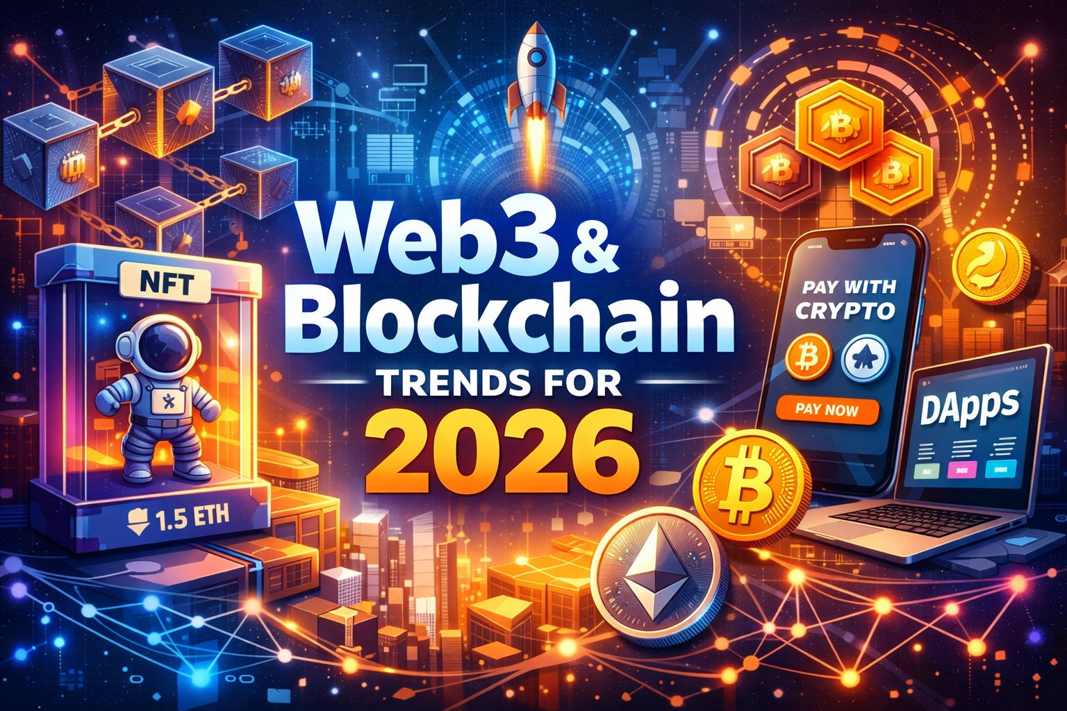 Realistic feature image of a young professional exploring Web3, NFTs, crypto payments, and decentralized apps in 2026.