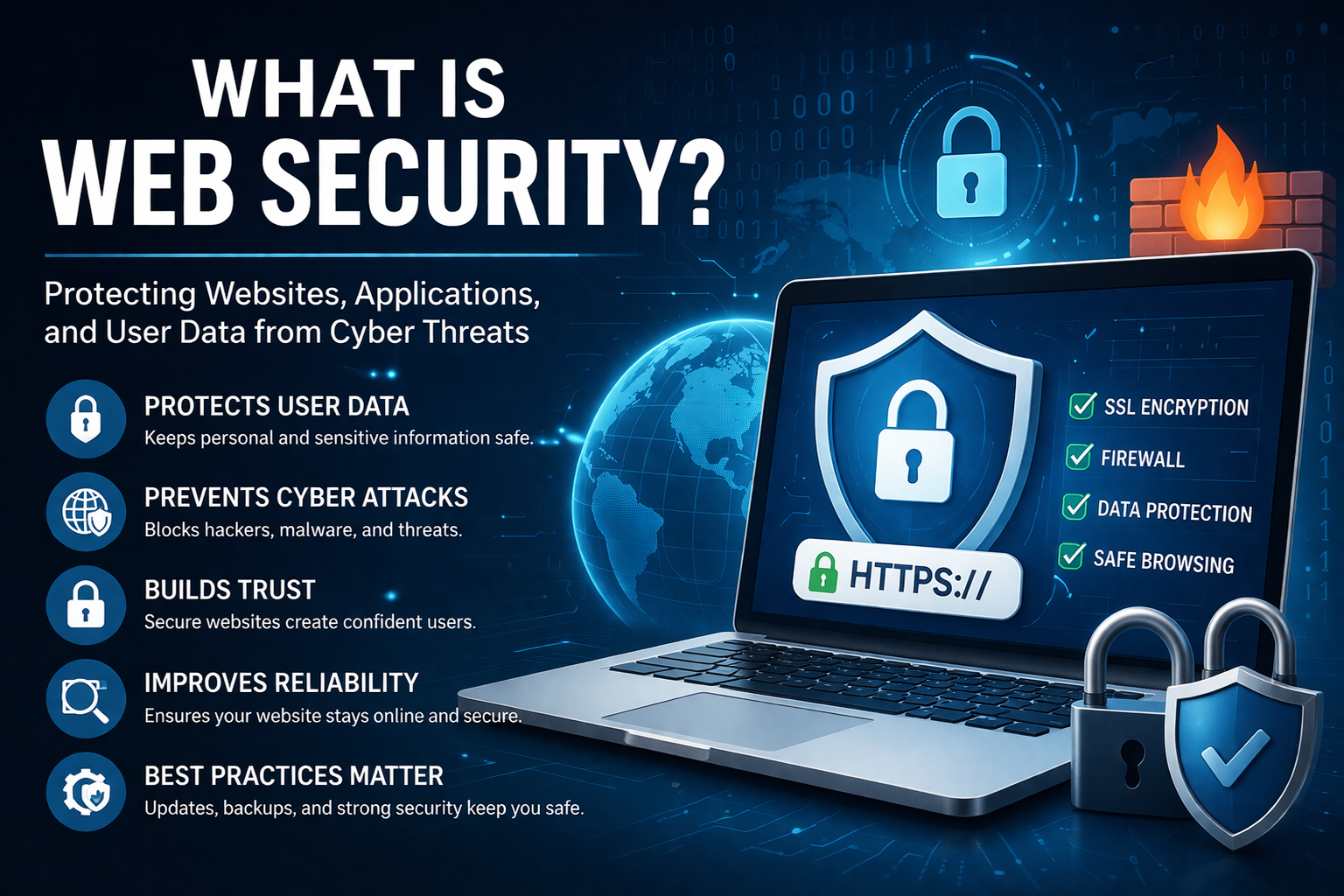 What is web security concept with SSL encryption firewall and data protection illustration